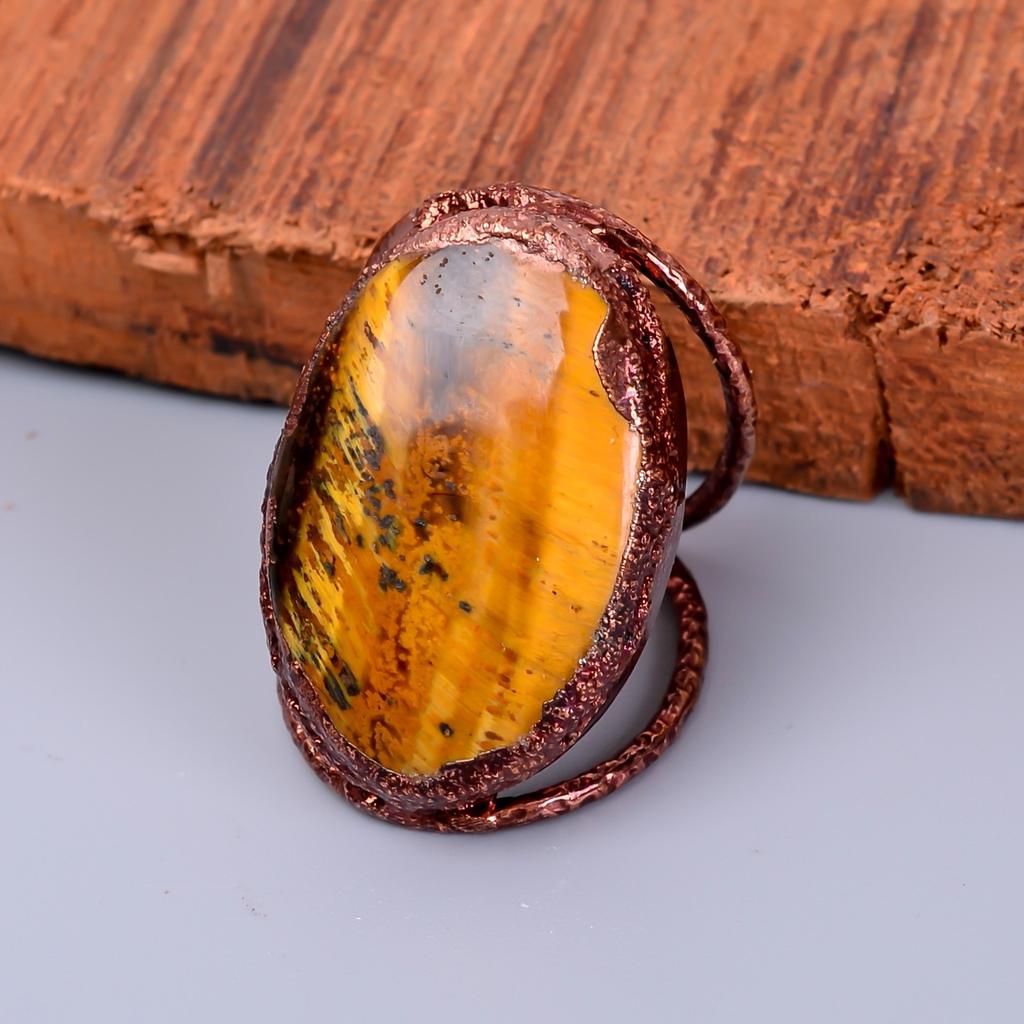 Tiger Eye Stone Eternity Electroformed Sacral Chakra Sisters Gift Ring Copper V-68