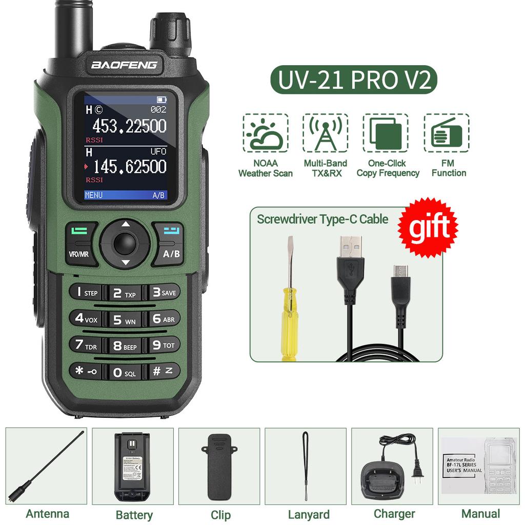 Baofeng UV-21 Pro Walkie Talkie Long Range Air Band Wireless Copy Frequency VHF UHF Type-C Rechargeable Upgrade UV-5R Ham Radio