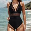 Dame Sommer Badedrakt i ett stykke Sexy Dyp V-hals Ryggløs Badedrakt Mesh Søm Patchwork Farge Monokini Strandklær