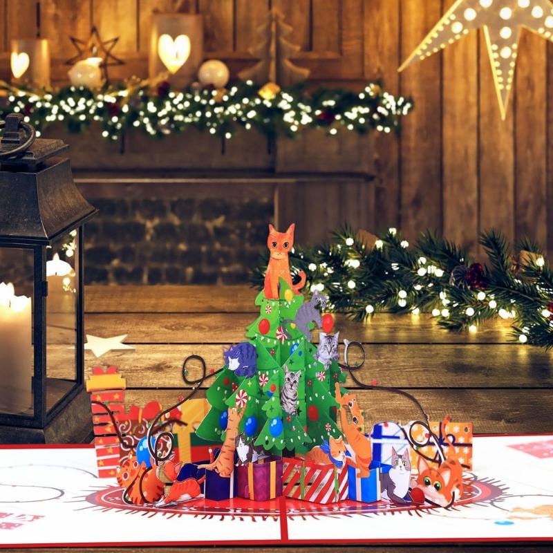 Handcrafted 3D Paper Sculpture Christmas Greeting Card Featuring Cats Design And Recyclable Ecological Friendly Materials