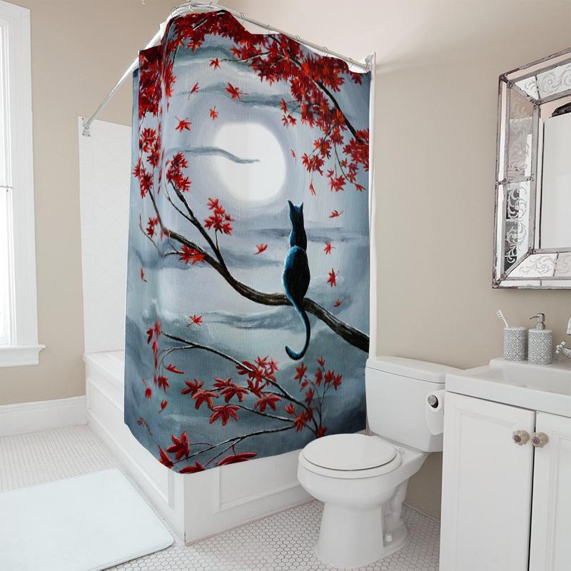 Whimsical Cat Moonlit Night Shower Curtain: Red Maple Leaves And Blue Sky Pattern Decor For Bathroom Home Decoration In Modern D