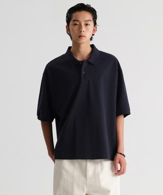 Oversized Crop Pique Polo Shirt [Navy]