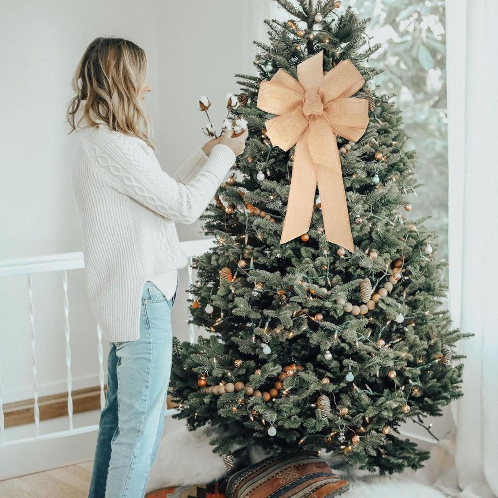 1 Pcs 10 x 20 Inch Big Bow Burlap Ribbon with Natural Jute Rustic Wreath Ribbons and Bow Use Wrapping, Party Decoration (Linen)