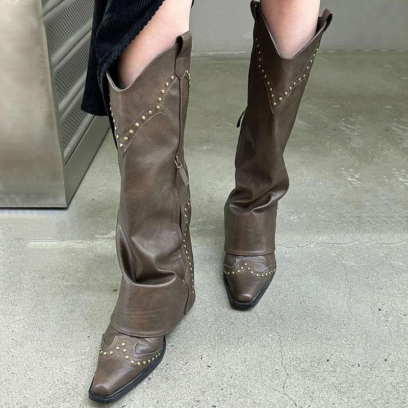 Fashion New Cowboy Western Knee High Boots Woman Chunky Heel Pointed Toe Long Botas Ladies Stylish Motorcycle Shoes with Rivets Boots