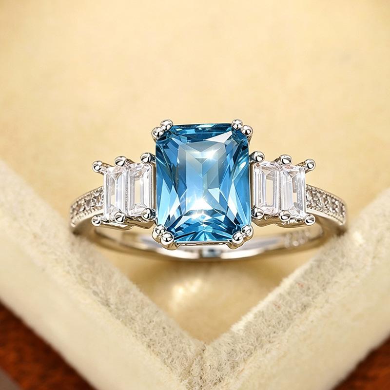 Copper inlaid imitation sea blue zircon ring, European beautiful women's engagement ring