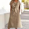 Women's Summer Cotton Linen Midi Dress, Twist Knot Neck Short Sleeve Solid Color Loose Casual Long Dress with Pockets for Daily Vacation Wear
