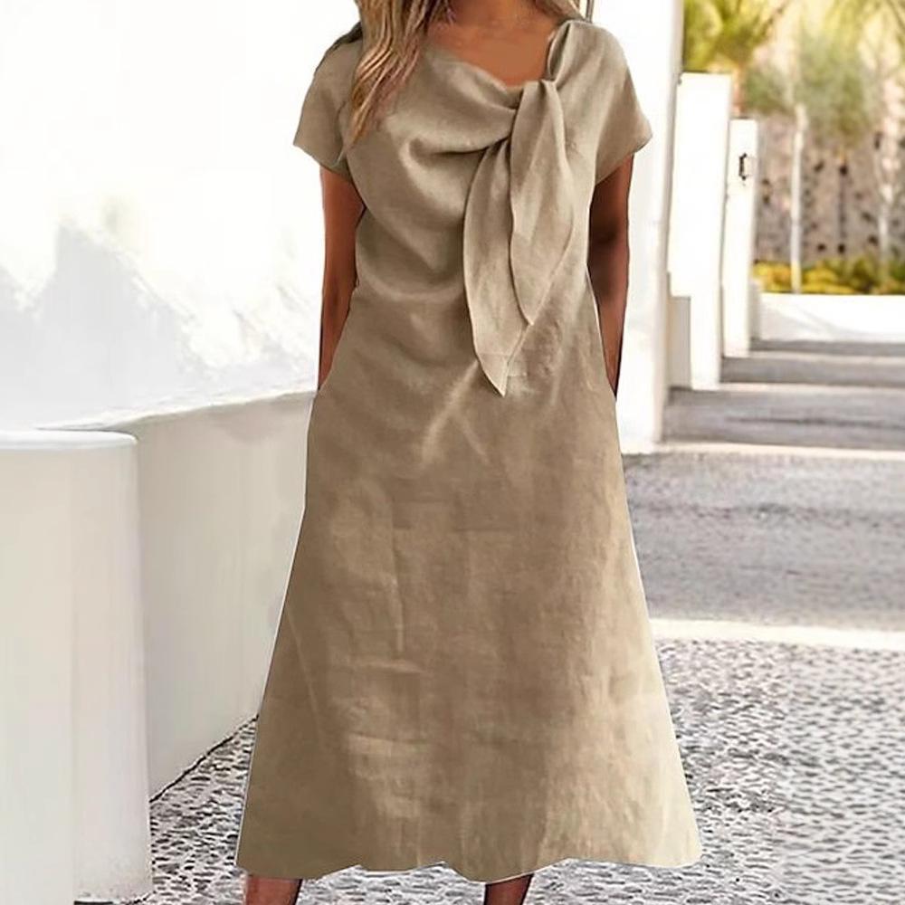 Women's Summer Cotton Linen Midi Dress, Twist Knot Neck Short Sleeve Solid Color Loose Casual Long Dress with Pockets for Daily Vacation Wear