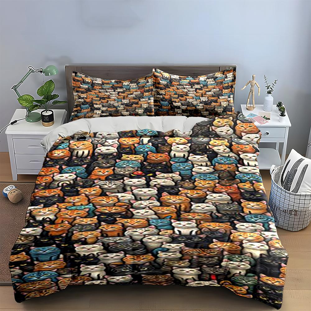 Colorful Cat Faces Pattern Bedding Set Bedding set (1 duvet cover, 2 pillowcases, duvet not included)