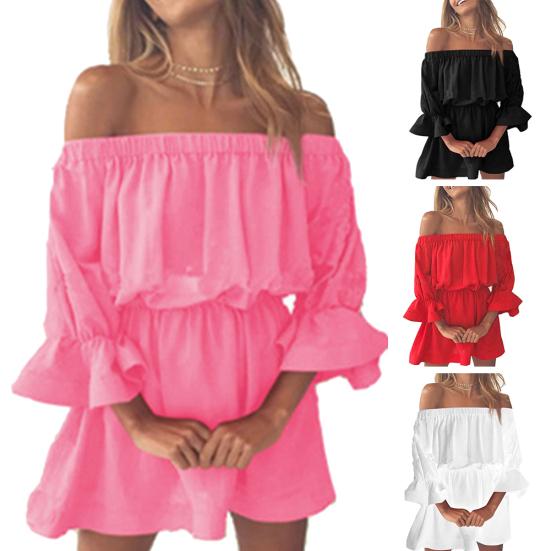 Dámské jednobarevné mini společenské šaty s odhalenými rameny, 3/4 nabíranými rukávy a elastickým pasem