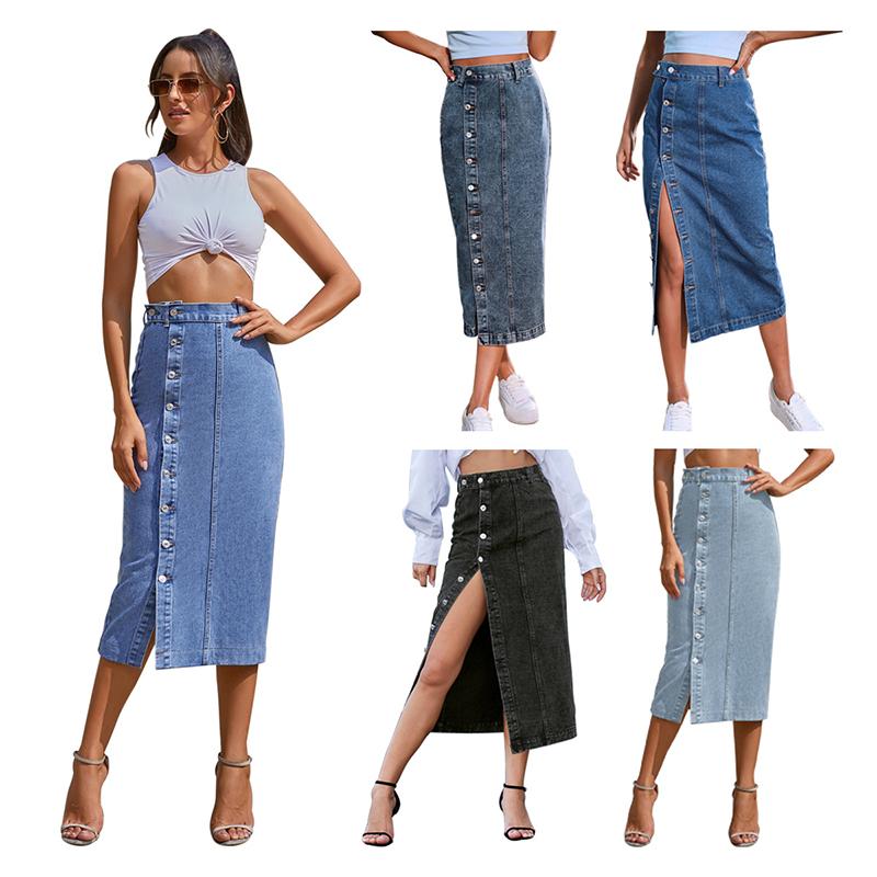 Women High Waist Single- Breasted Package Hip Jean Denim Skirt