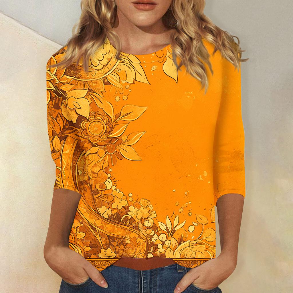 Women's Fashion Casual 3/4 Sleeve T,Shirt Printed Round Neck Pullover Top
