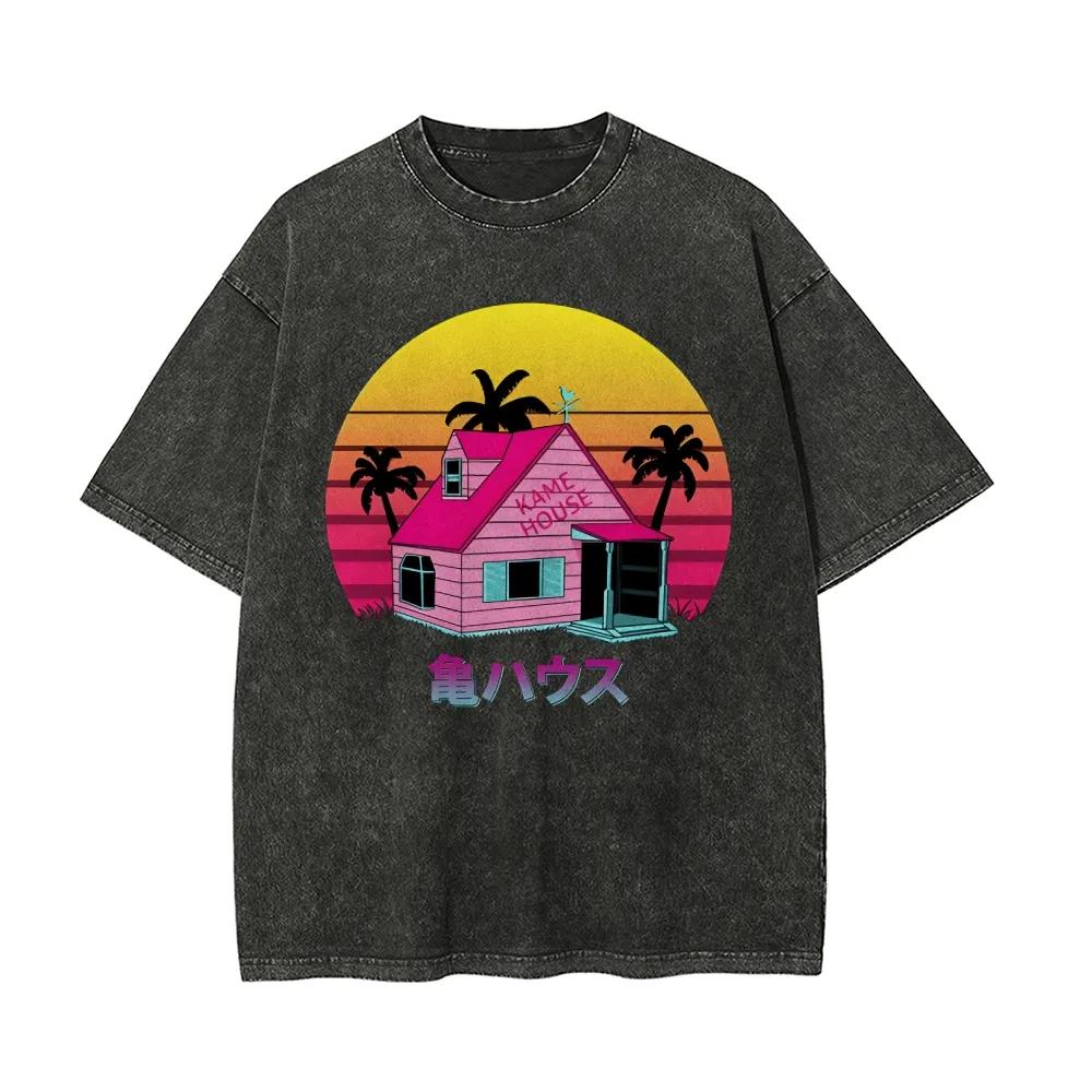 

Dragon Ball Kame House T Shirt Men Acid Wash Oversized Streetwear Anime Sunset Vaporwave Cotton Vintage Roshi Island Top Tee M