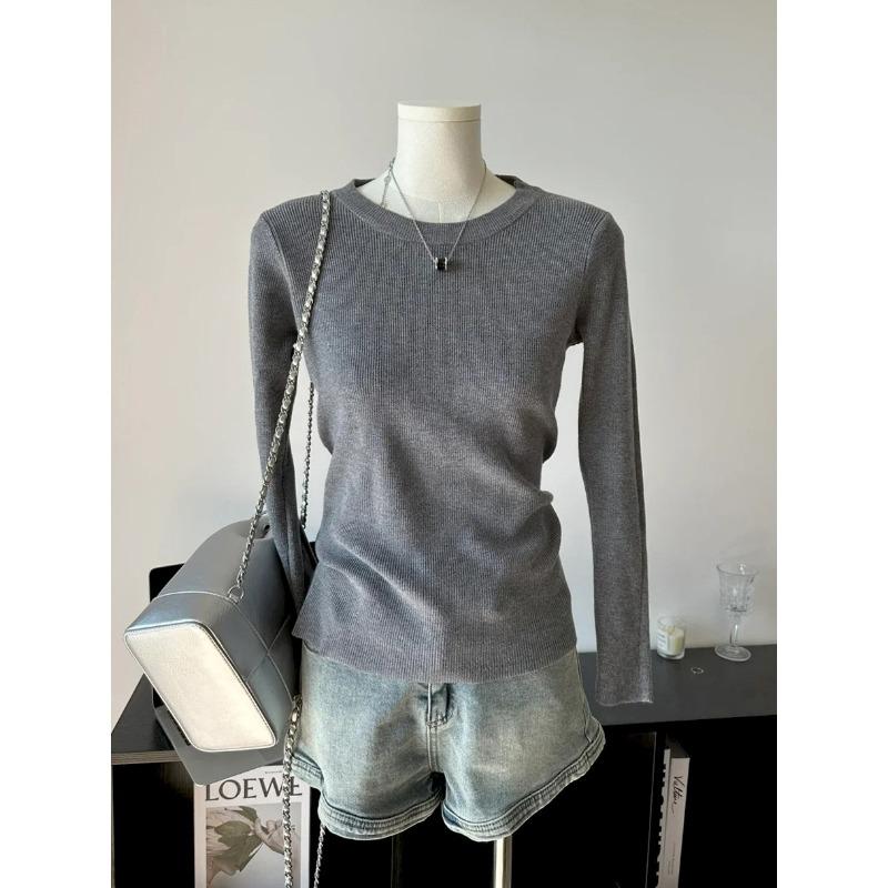 Simple and Versatile Slim-fitting Knitted Bottoming Shirt Women's Spring and Autumn Shoulder White Long-sleeved Shirt Basic Inner Top