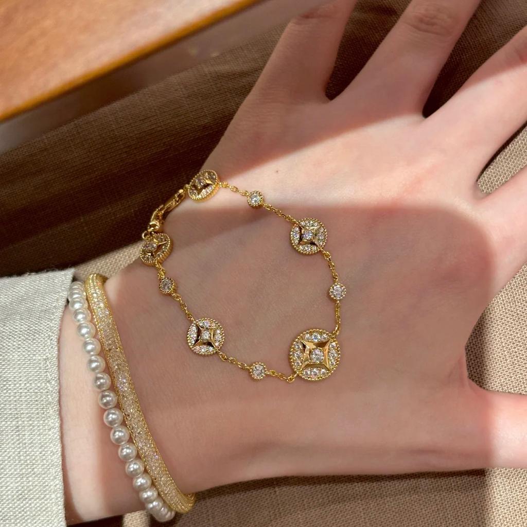 Old Money Wind Copper Coin Necklace Collarbone Chain Fashionable Light Luxury Diamond-Encrusted Money Bracelet Coin Earrings Earrings Women