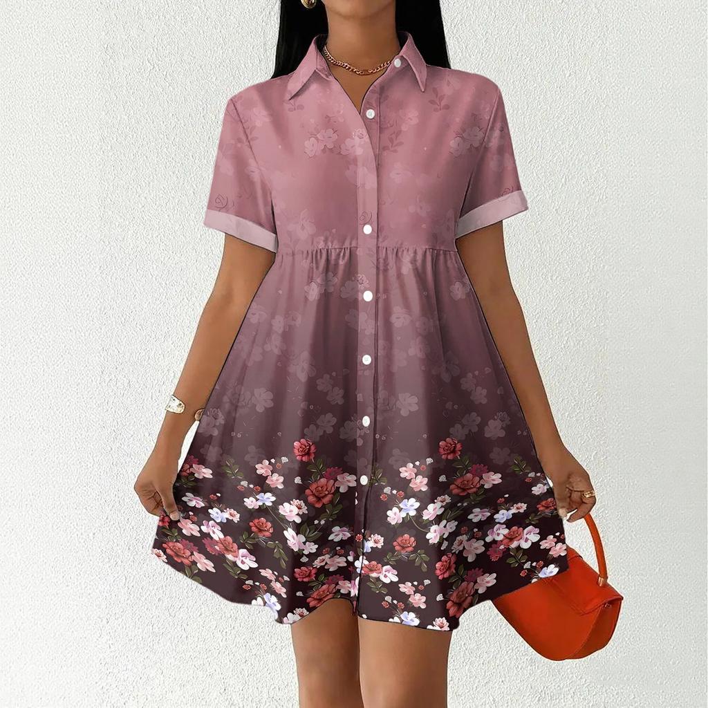 Women's Casual Loose Fit Shirt Dress Button Down Collar Short Sleeve Floral Print Summer Dress