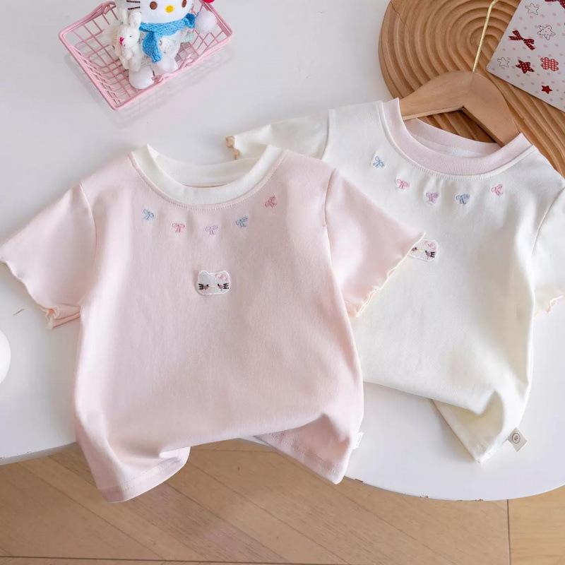Girls Summer Thin T Shirt Korean Bow Short Sleeve Top Baby Versatile Half Sleeve Tee