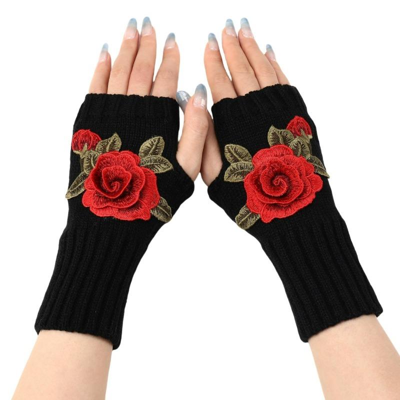 Botvotee Y2k Accessories Arm Warmers Sleeves for Women Flower Fashion Half Finger Knit Winter Arm Guard Black Fingerless Gloves