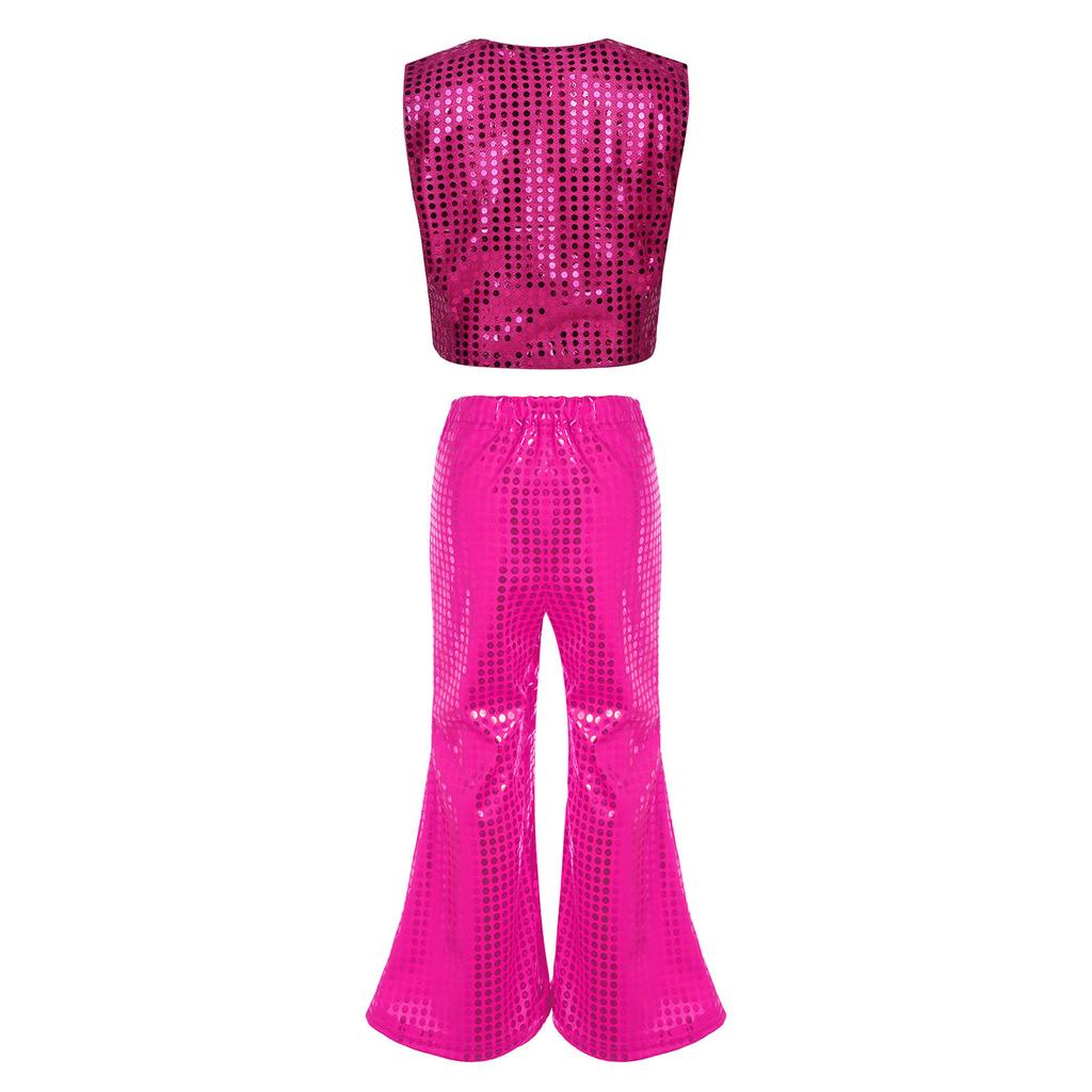 Kids Dance Costume Sparkly Sequined Waistcoat and Flowy Flared Pants Elastic Waistband Party Wear