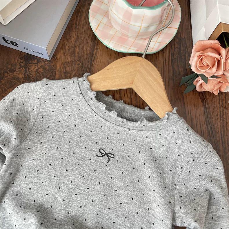 Children's Polka Dot Ruffle Collar Long-Sleeve T-shirt with Bowknot