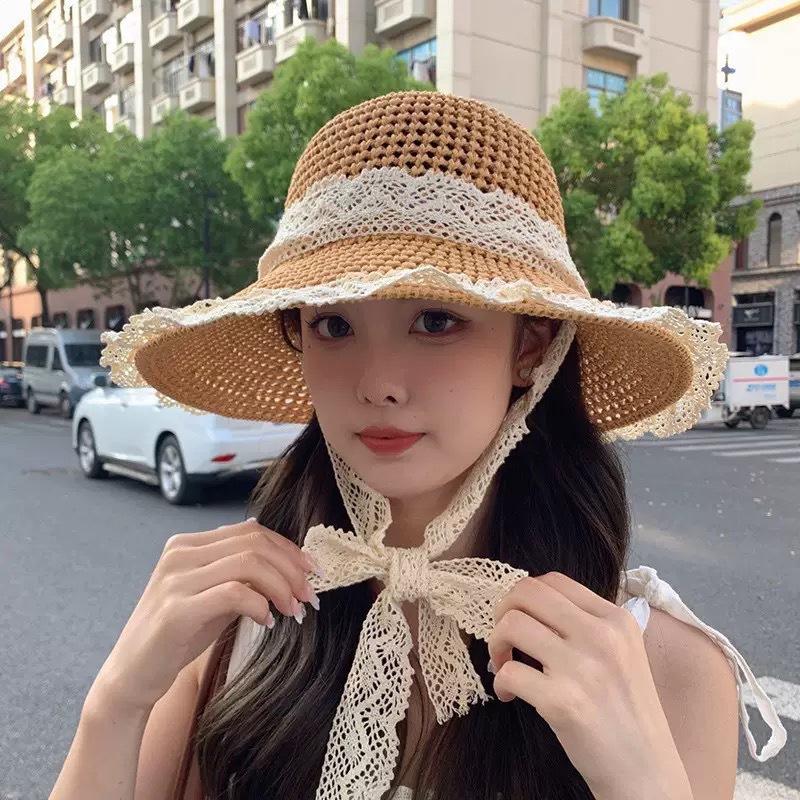 2025 summer sun hat French flat top straw hat women's seaside beach sun protection woven hat