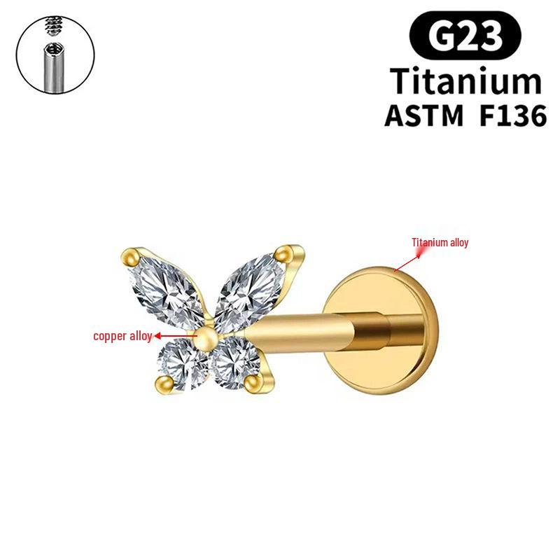 G23 Titanium Butterfly Lip & Ear Cartilage Stud Earrings with Internal Thread - Simple, Luxurious Design for Women's Piercings