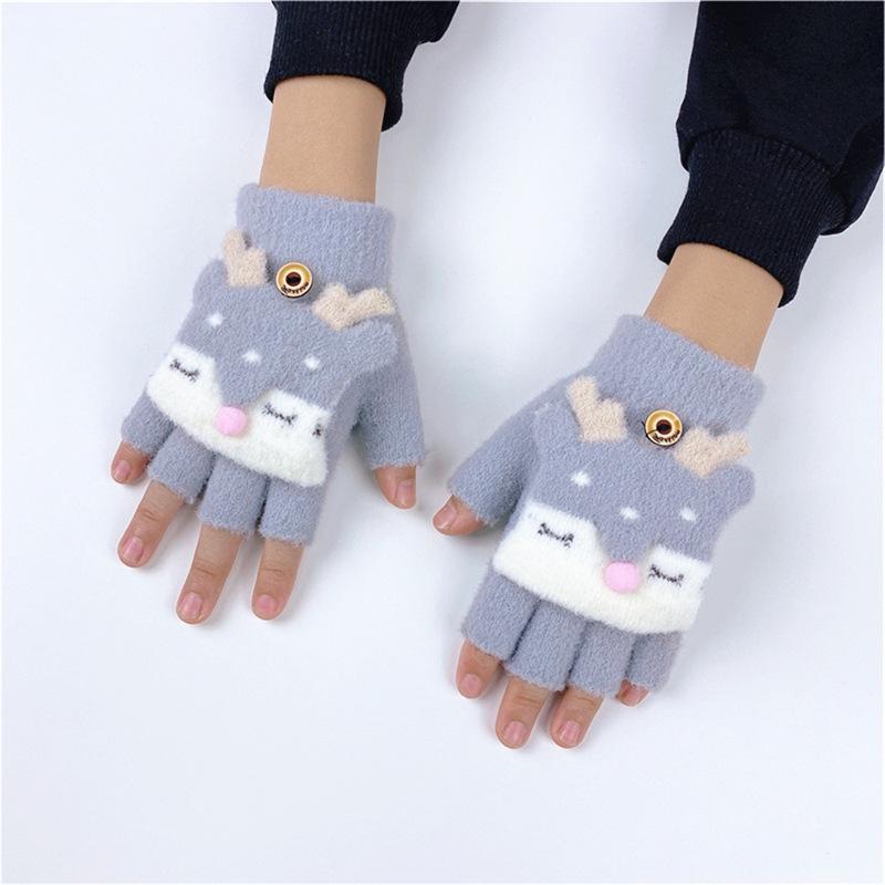 Children's Winter Warm Reindeer Flip-top Fingerless Gloves for Ages 4-10