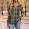 Women's Fashion V-Neck Button-Up T-Shirt With Check Print Long Sleeves