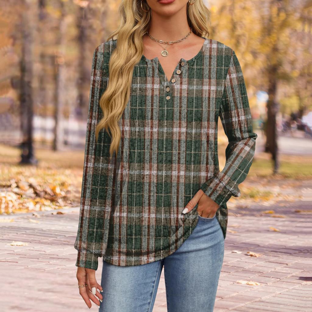 Women's Fashion V-Neck Button-Up T-Shirt With Check Print Long Sleeves