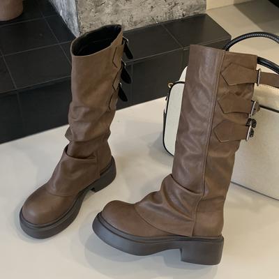 Mode Eilyken Modischer Schmaler Riemen Gürtelschnalle Damen Kniehohe Stiefel Vintage Runde Spitze Quadratischer Niedriger Absatz Herbst Winter Schuhe