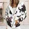 Women Plus Size White Zip Up Long Sleeve Hoodie Drawstring Hood Printed Puppy Pumpkin Fall Leaf Pattern With Pockets