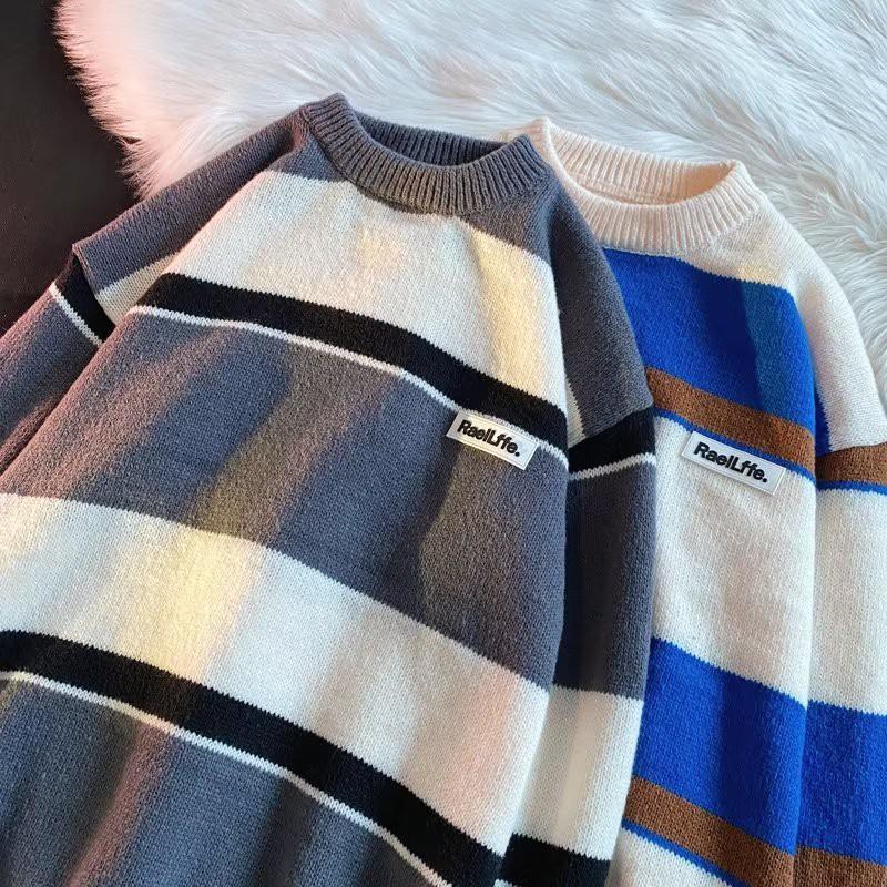 Unisex Oversized Long Sleeve Knit Sweater Casual Loose Fit Striped Design Fall Winter Pullover Youth