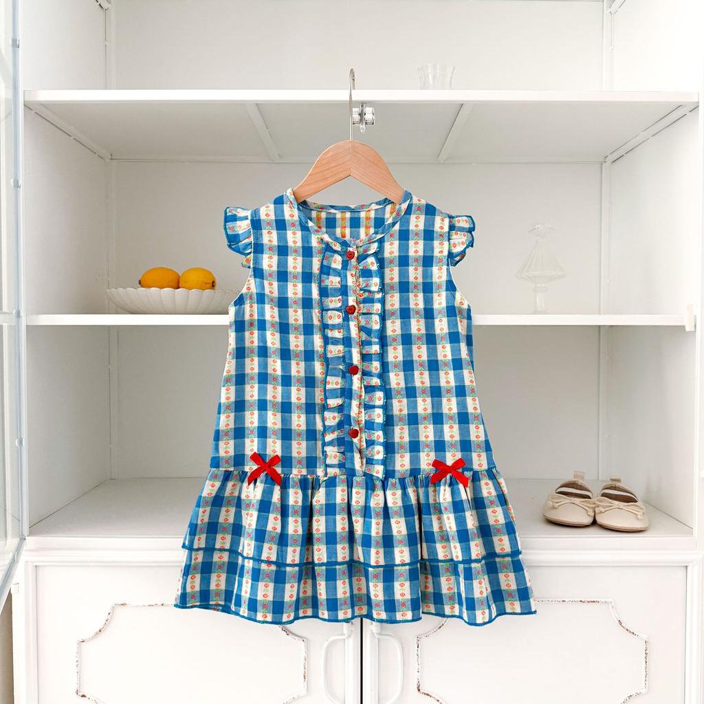 Girls Summer Dress Fresh Plaid Block Thin Fabric Flutter Sleeve Casual Party Dress For Kids