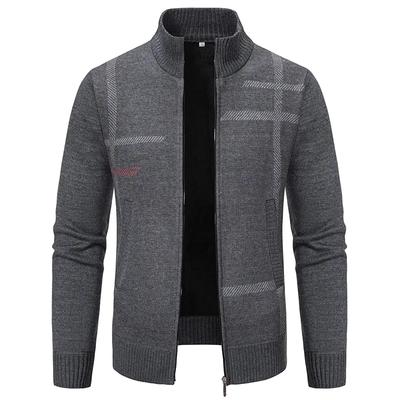 Men's Gray Knit Stand-Collar Zip-Up Cardigan Casual Warm Sweater Jacket