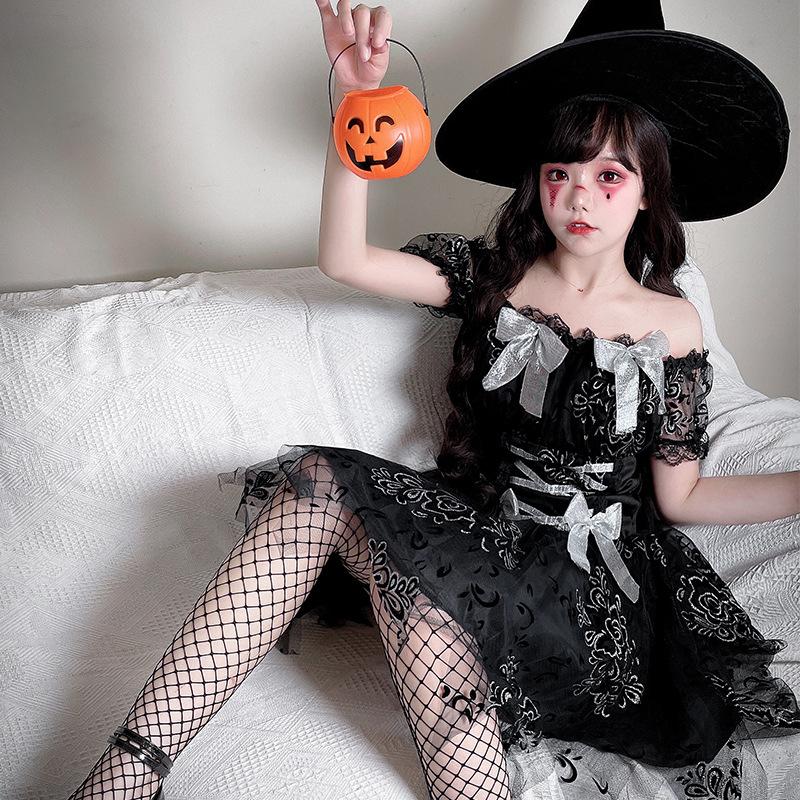 Halloweenský kostým Kostým čaroděje Tmavý duch Čarodějnice Síťovaná šaty Čarodějnický kostým Šaty čarodějnice