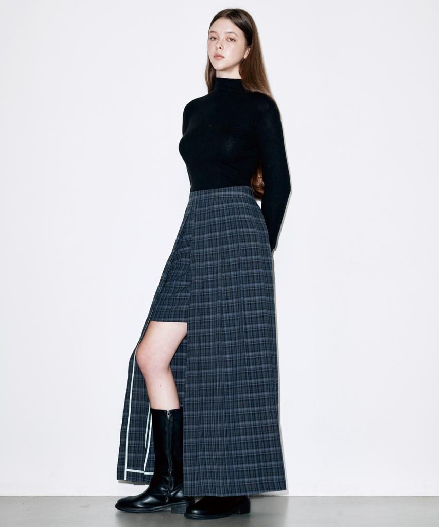 Koldeubeullaengkis Asymmetrical Long Check Slit Skirt Navy
