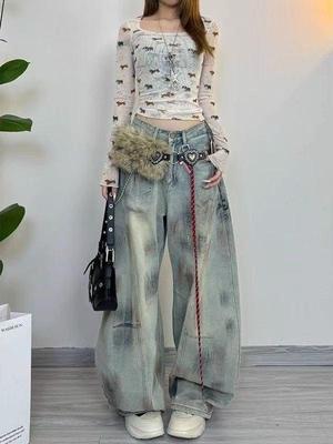 Petite 145 Tie-Dye Wide-Leg Jeans - Autumn Loose-fit, Straight-leg Floor-length Pants for Women