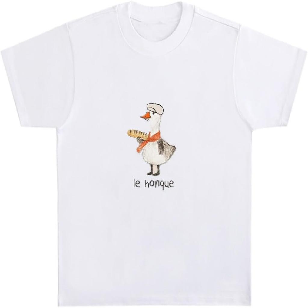 Casual French Goose Graphic T-Shirt Funny Goose Meme Tee, White, L