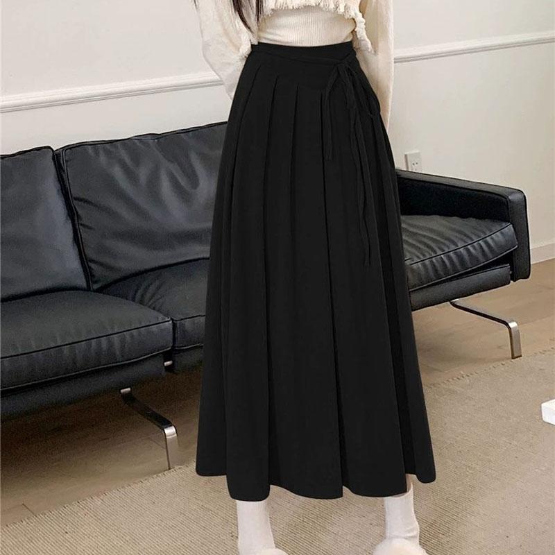 Corduroy Lace-up Skirt Women Spring Autumn New High-waist Solid Color Mid-length Large Umbrella Skirt