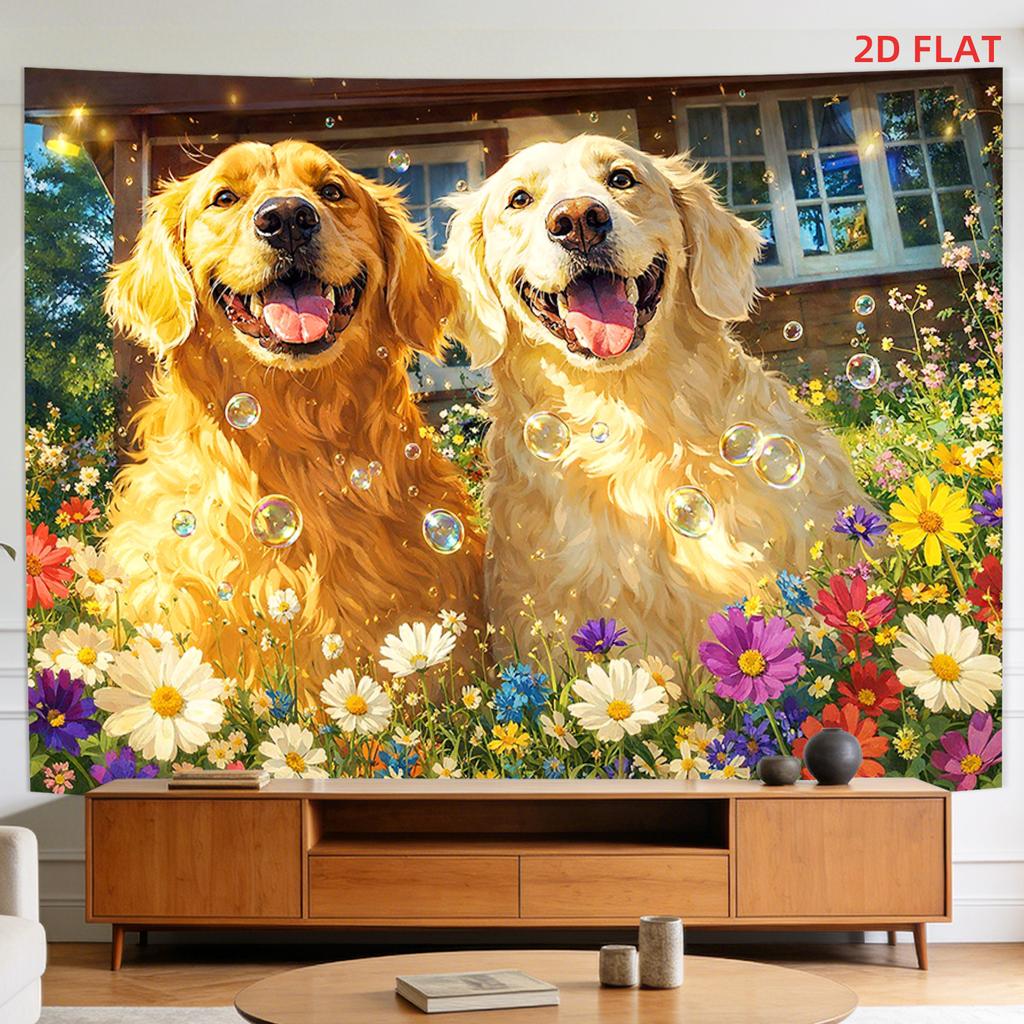 Polyester Golden Retriever Dog Floral Tapestry Wall Art Hanging Poster for Living Room Decor Spring Flower Nature Photo Backgrou