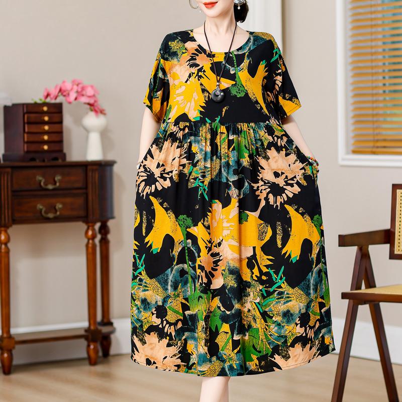 Plus Size Vintage Print Long Dress for Women Oversize Short Sleeve Elegant Loose Dresses Summer Casual Middle-aged Women's Clothing