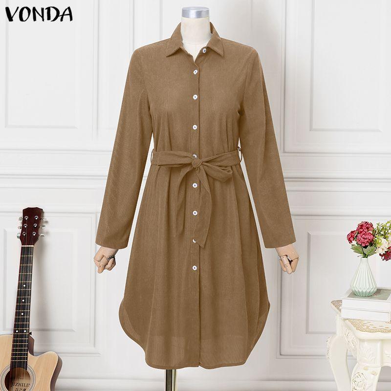 

VONDA Spring Women Casual Lapel Neck Solid Color Texture Irregular Belt Long Sleeve Dress 5XL