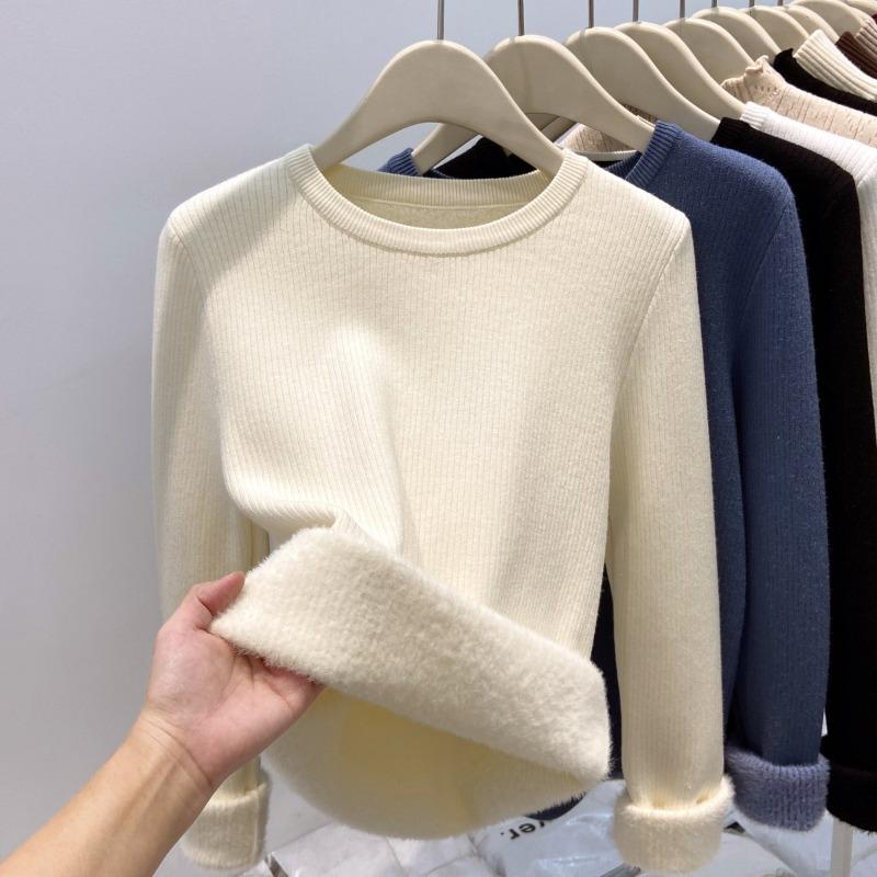 Soft waxy sweater autumn and winter round neck integrated fleece bottoming shirt women's inner fleece thickened warm knitted top