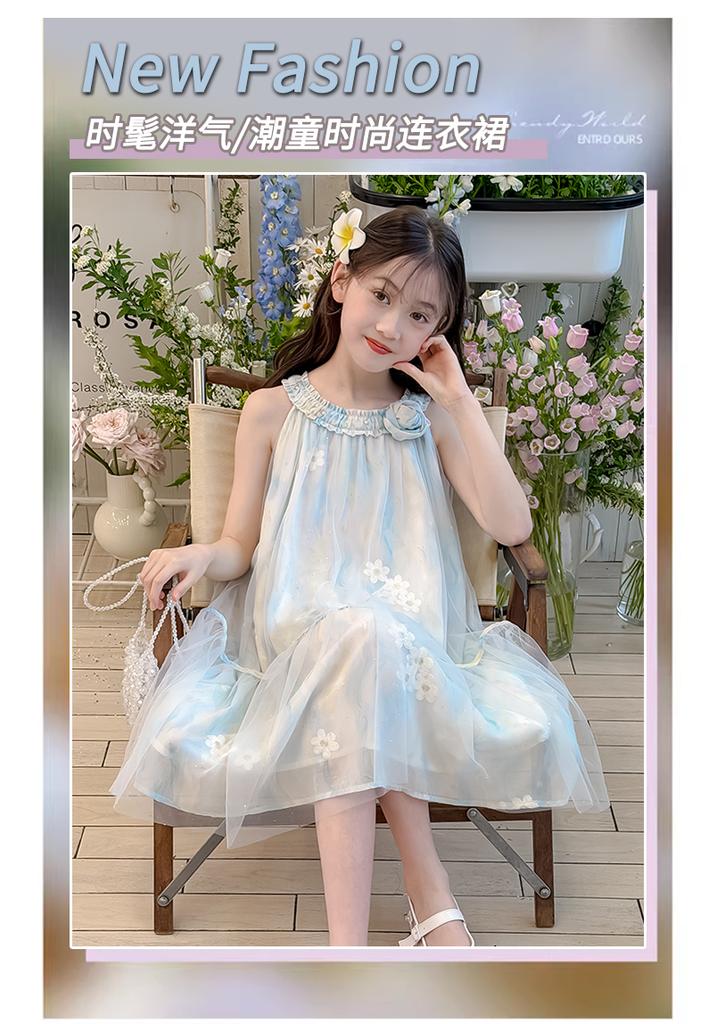 Girls' Sleeveless Dress, Summer Neck Hanging, Stylish Chiffon Dress, 2026 New Item, Medium To Large Children's Mesh Dress, Korean Version