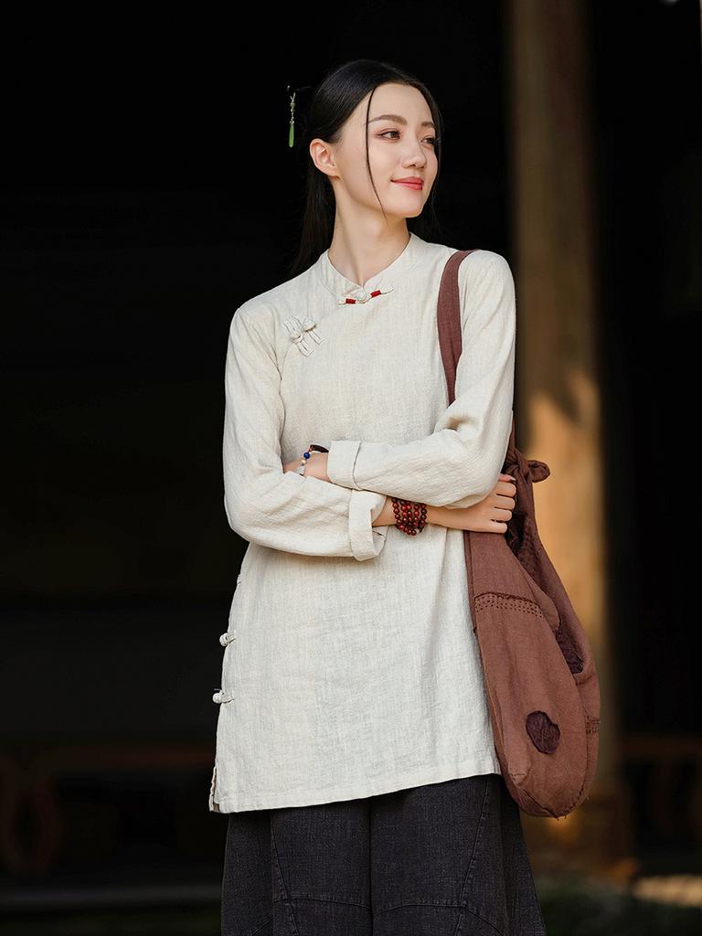 Johnature Women Shirts Vintage Blouses Spring Chinese Style Solid Color Tops Stand Long Sleeve Button Shirts