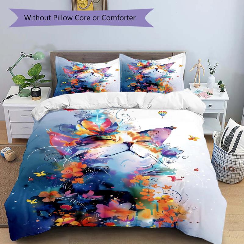 

3pcs Colorful Elements Cat Pattern Bedding Set, 1* Cover + 2*Pillowcases, Printed Bedding Set, Soft and ComfortableM034 135x200cm