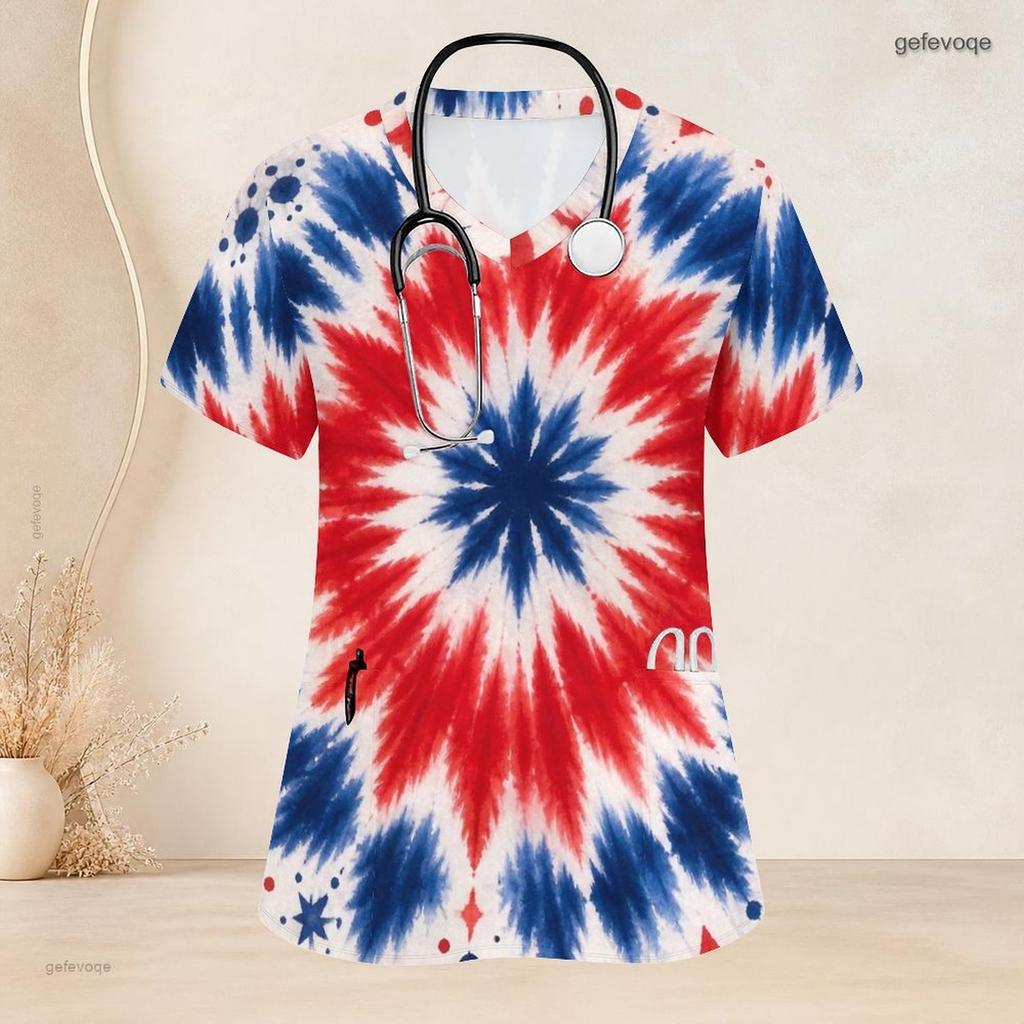 Women Plus Size V Neck Short Sleeve Scrub Top Spiral Tie Dye Patriotic Red White Blue Print Nurse Uniform Top