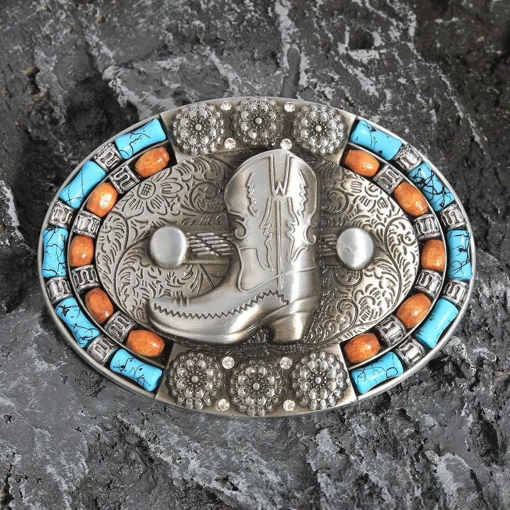 Cowboy Boots Belt Buckle for Silver Alloy Oval Buckle with Turquoise Western 10 x Birthday Gift [Rockyu] Men, Decoration, Style, 7.4 cm,