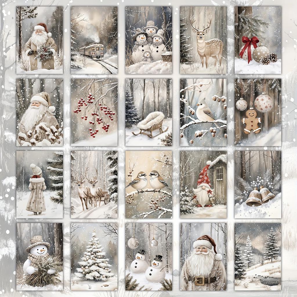 20pcs Winter Forest Christmas Card Illustrations Featuring Santa Claus Reindeer Snowman Handicrafts Holiday Decor Xmas Postcards