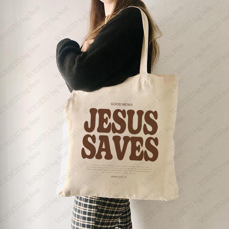 Rd lala Goed Nieuws Jezus Redt Patroon Canvas Schoudertote Tas Casual Boodschappentote Christelijke Religie Christelijk Geloof Shopper
