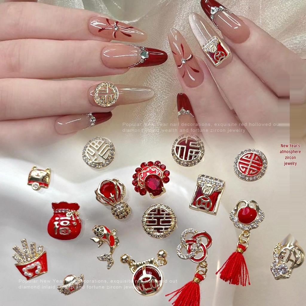 2026 New Year Zircon Nail Art: Festive Red Knot, Fu Character, Goldfish, Coin, and Rhinestone Decorations